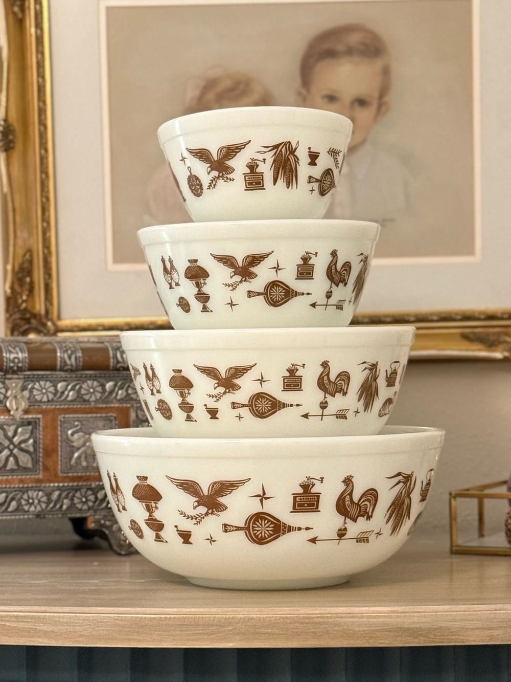 Vintage Pyrex Early American Complete Mixing set 404, 403, 402, 401 EVC